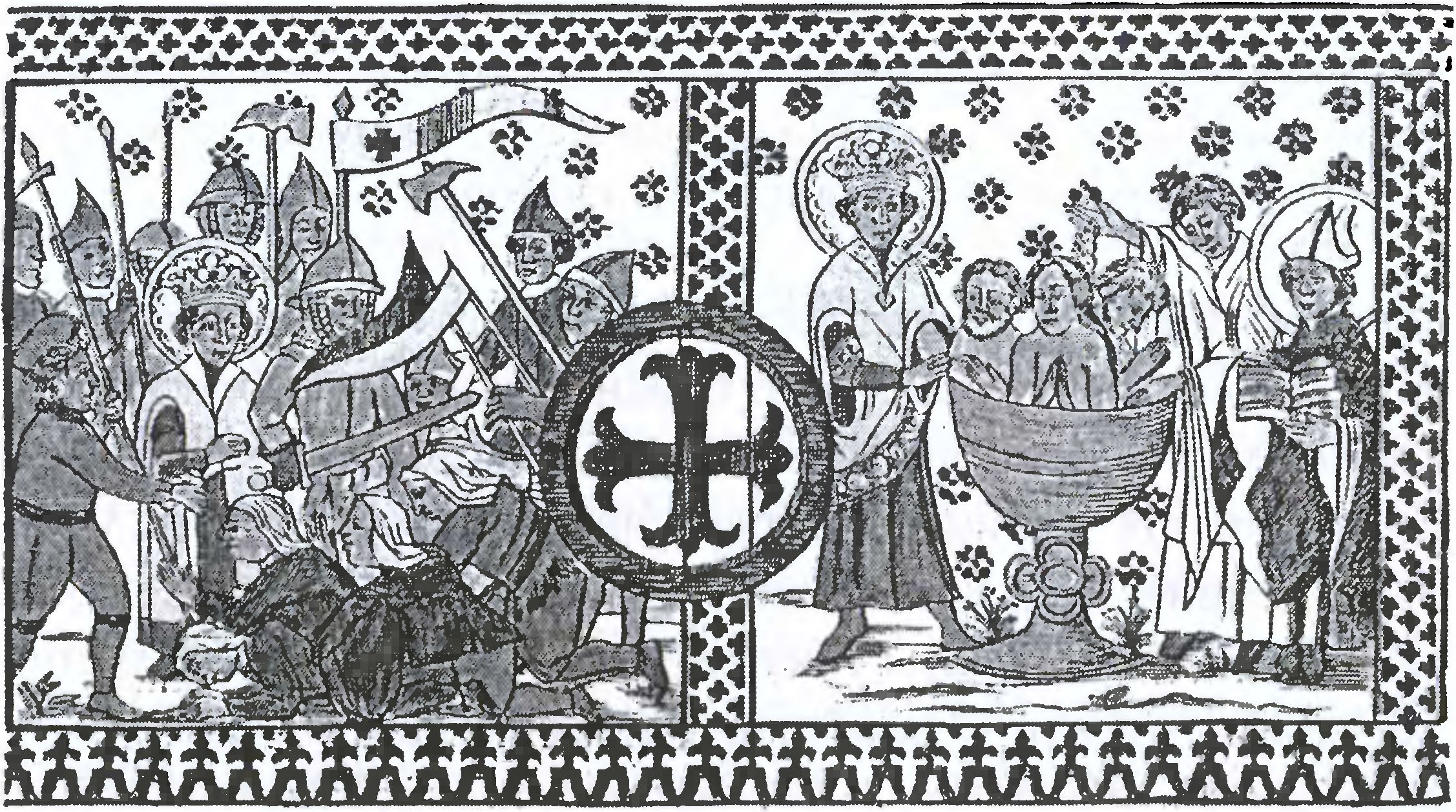 Крестовый поход Св. Эрика в Финляндии — война с финнами-язычниками (слева); крещение финнов первым финским епископом Генрихом и Св. Эриком (справа). Изображения с северной стены церкви Св. Эрика в Упсале (XV в.) Крестовый поход Св. Эрика в Финляндии — война с финнами-язычниками (слева); крещение финнов первым финским епископом Генрихом и Св. Эриком (справа). Изображения с северной стены церкви Св. Эрика в Упсале (XV в.)