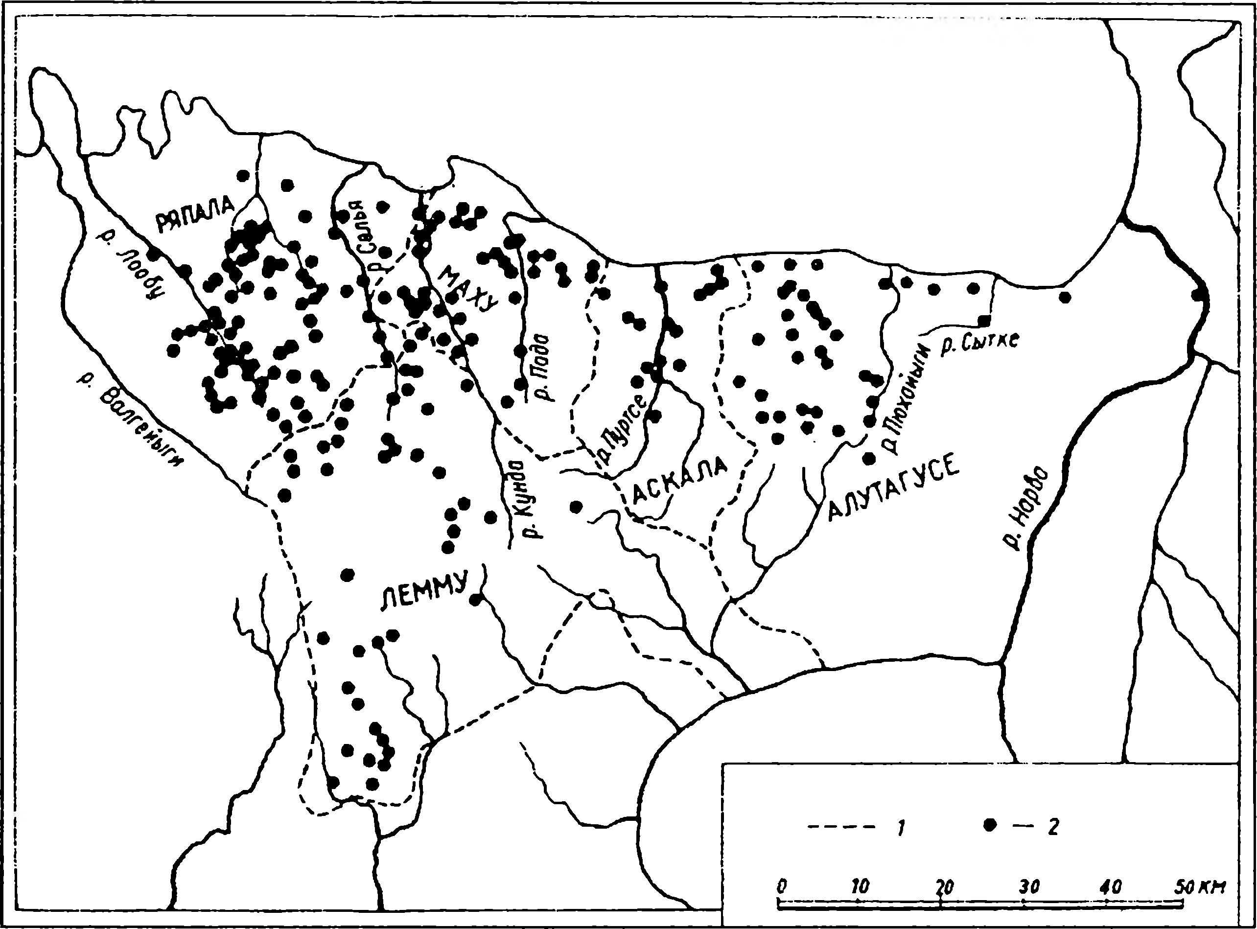 Деревни и кихельконды Виронии в XIII в. по данным Датской поземельной книги: 1 — границы кихелькондов; 2 — деревни Деревни и кихельконды Виронии в XIII в. по данным Датской поземельной книги: 1 — границы кихелькондов; 2 — деревни
