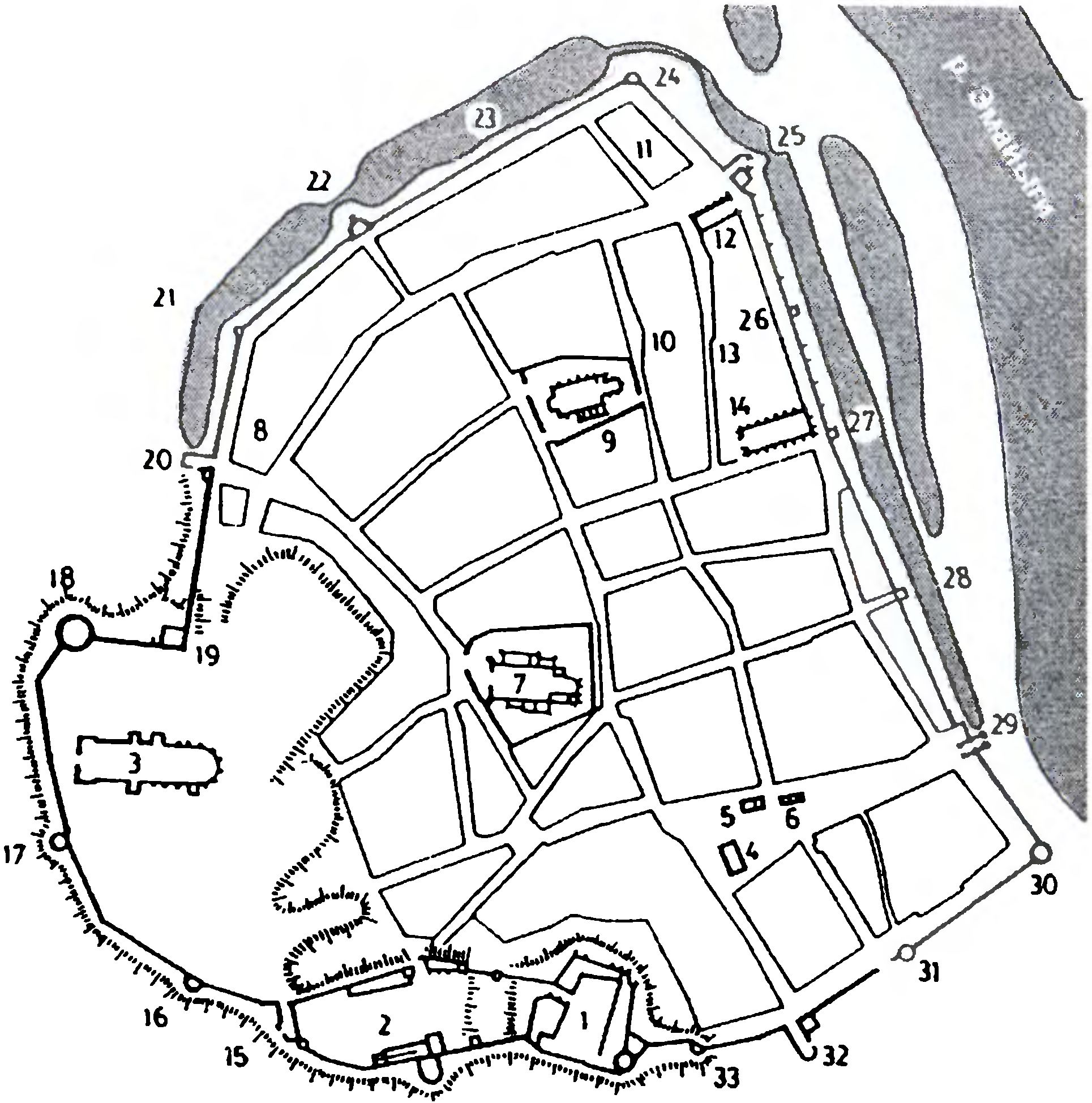 Средневековый Тарту (Дерпт): 1 — епископский замок; 2 — предградье; 3 — кафедральный собор; 4 — ратуша; 5 — городские весы; 6 — аптека; 7 — церковь св. Марии; 8 — Екатерининский монастырь; 9 — церковь св. Яна; 10 — церковь св. Николая; 11 — церковь св. Георгия; 12 — церковь Св. Духа; 13 — францисканский монастырь; 14 — монастырь св. Марии Магдалины; 15 — Домские ворота (ворота на Домберг); 16 — Белая башня (Kiek in die Kök); 17 — Сухая башня; 18 — Московская башня; 19 — Красная башня; 20 — Яковлевы ворота (или ворота монашек; или кровавые ворота); 21 — Кровавая башня; 22 — Тупая башня; 23 — Безымянная башня; 24 — башня св. Георгия; 25 — русские ворота; 26 — Кютерская (мясниковая) башня; 27 — Монашеские ворота; 28 — Кютерские (мясниковые) ворота; 29 — Немецкие (или Скотьи) ворота; 30 — Навозная (Грязная) башня; 31 — Пыточная (или Банная) башня; 32 — Рижские (или Андреевские) ворота; 33 — Высокая (Красная) башня Средневековый Тарту (Дерпт): 1 — епископский замок; 2 — предградье; 3 — кафедральный собор; 4 — ратуша; 5 — городские весы; 6 — аптека; 7 — церковь св. Марии; 8 — Екатерининский монастырь; 9 — церковь св. Яна; 10 — церковь св. Николая; 11 — церковь св. Георгия; 12 — церковь Св. Духа; 13 — францисканский монастырь; 14 — монастырь св. Марии Магдалины; 15 — Домские ворота (ворота на Домберг); 16 — Белая башня (Kiek in die Kök); 17 — Сухая башня; 18 — Московская башня; 19 — Красная башня; 20 — Яковлевы ворота (или ворота монашек; или кровавые ворота); 21 — Кровавая башня; 22 — Тупая башня; 23 — Безымянная башня; 24 — башня св. Георгия; 25 — русские ворота; 26 — Кютерская (мясниковая) башня; 27 — Монашеские ворота; 28 — Кютерские (мясниковые) ворота; 29 — Немецкие (или Скотьи) ворота; 30 — Навозная (Грязная) башня; 31 — Пыточная (или Банная) башня; 32 — Рижские (или Андреевские) ворота; 33 — Высокая (Красная) башня