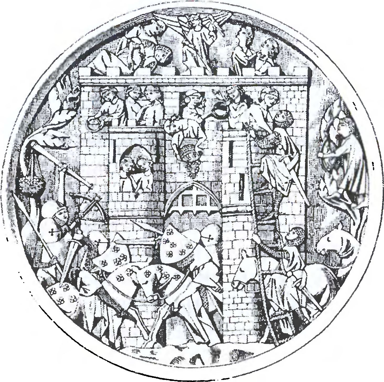 Штурм Миннебурга. Прорисовка рельефа из слоновой кости, XIV в. Штурм Миннебурга. Прорисовка рельефа из слоновой кости, XIV в.