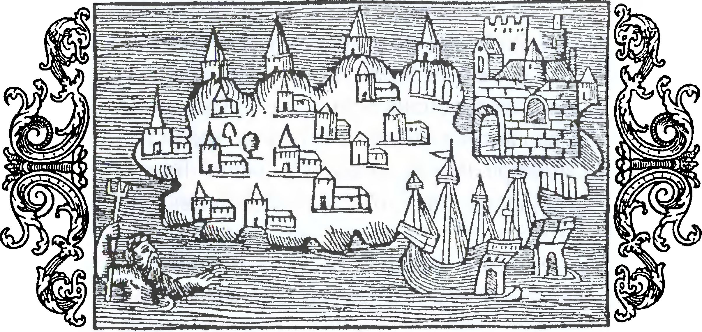 Остров Готланд и Висбю, вид с востока. Гравюра книги Олафа Магнуса «История северных народов» (1555 г.) Остров Готланд и Висбю, вид с востока. Гравюра книги Олафа Магнуса «История северных народов» (1555 г.)